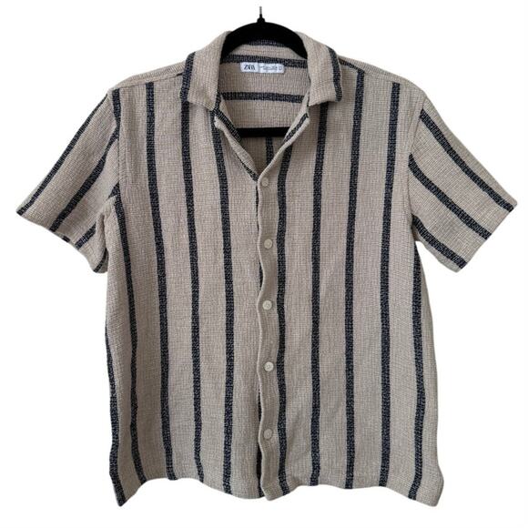 Zara Tan and Navy Stripe Textured Short Sleeve Collared Button Down-Medium - Picture 1 of 4
